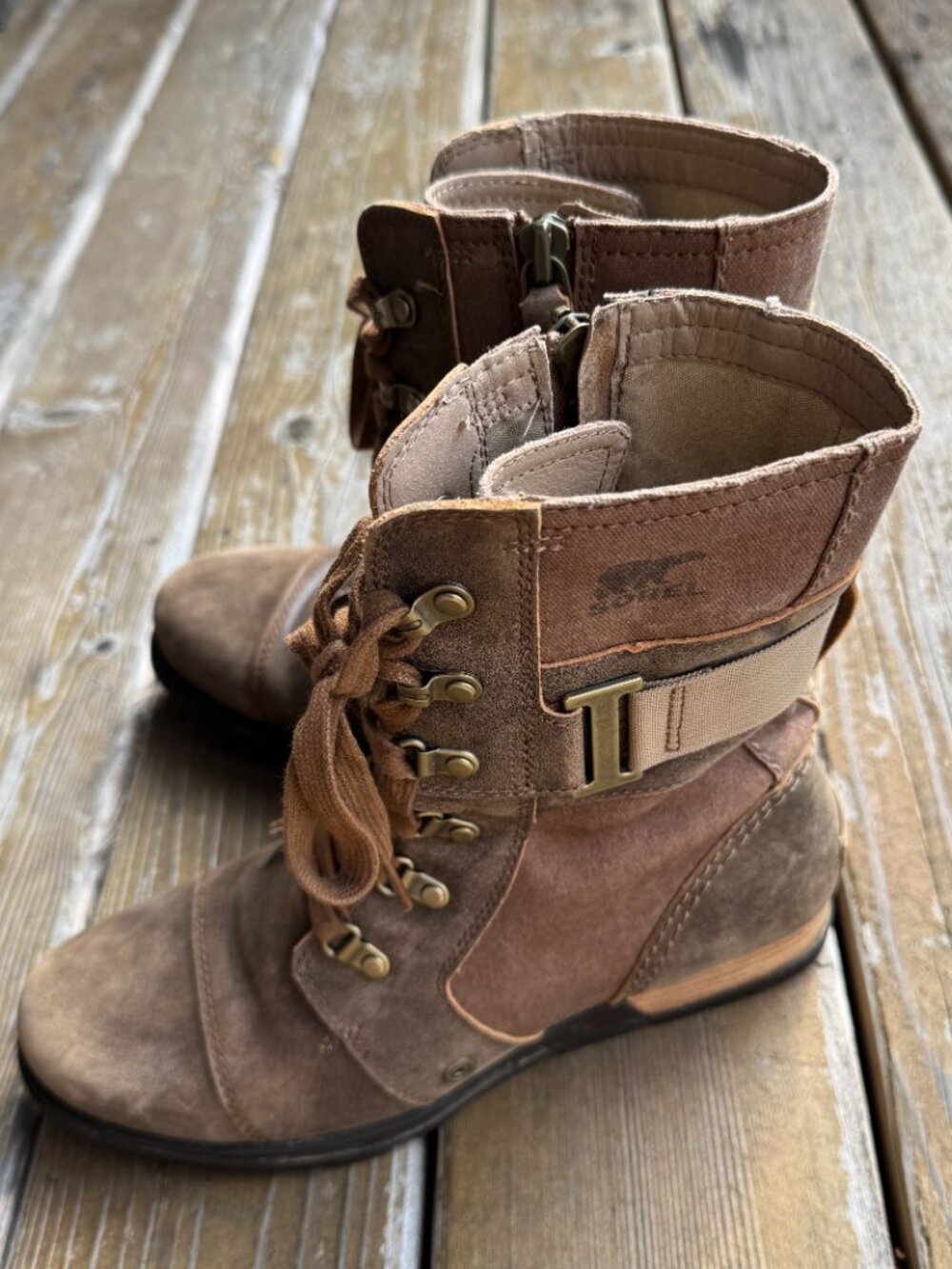Sorel Major Carly Brown Leather & Canvas Lace Up Side Zip Combat Boots Womens 9 - Picture 15 of 16